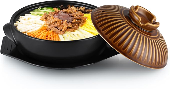Large Korean Ceramic Bowl with Lid and Trivet, 54 oz Sizzling Hot Pot with Double Handles for Cooking and Serving Dolsot Bibimbap, Soup, Rice, Stew, Casserole, Noodle (Retro Copper)