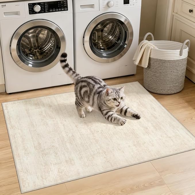 Machine Washable Area Rugs 2x3: Vintage Boho Neutral Washable Rug Indoor Soft Small Entryway Throw Carpet for Living Room Bedroom Kitchen Laundry Floor Non-Slip Low Pile Entrance Rug Retro Beige