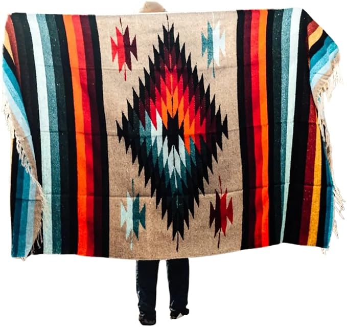 Open Road Goods Aztec Navajo Style Blanket, Throw, or Yoga Bolster - Handwoven Mexican Diamond Blanket (Multi Tan)