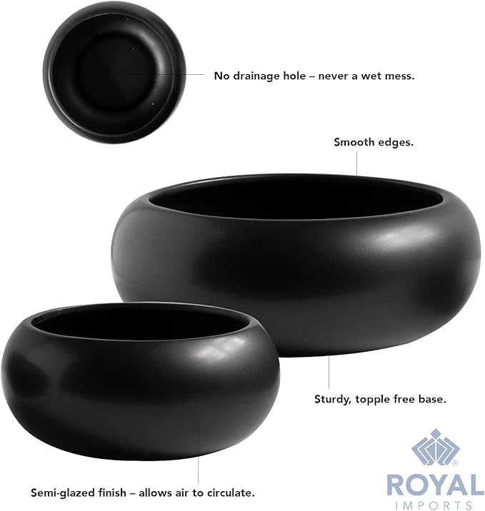 Royal Imports Flower Ceramic Vase Bowl Terrarium Planter Set of 2 - Black | Bowl Terrarium Succulent Planter, Air Plant Display, Decorative Centerpiece Floral Container for Home or Wedding