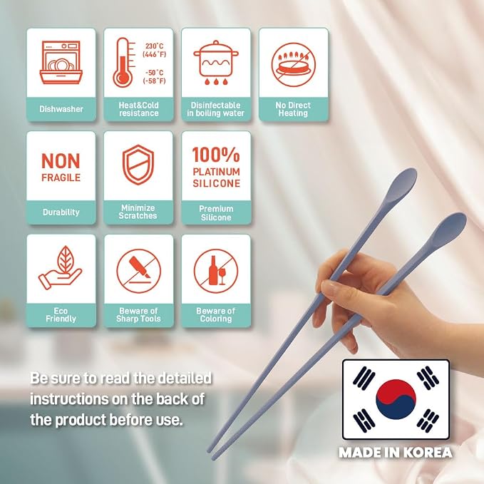 Reusable Long Silicone Cooking Chopsticks with Spoon 12 Inches 2 Pairs Set, Dishwasher Safe, BPA-free Non-Slip, Korean Japanese Kitchen Utensils (Pastel Blue 2 Set)