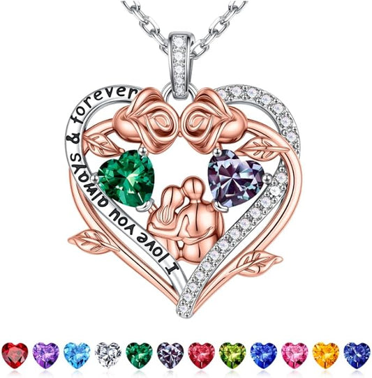 Iefil Valentines Gifts for Her Wife - 925 Sterling Silver Double Heart Birthstone Necklace, Anniversary Birthday Gifts for Women Wife Girlfriend