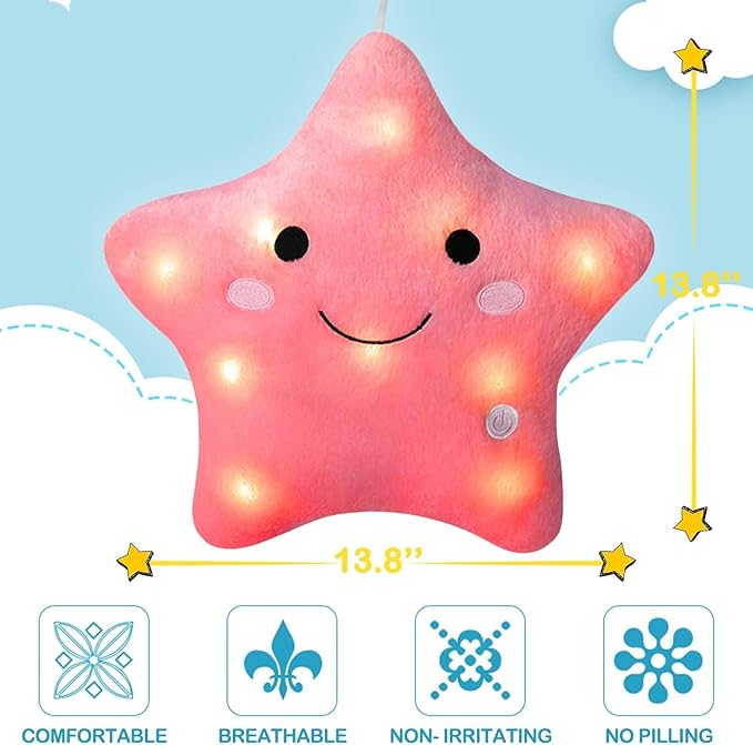 DearSun 13''Creative Twinkle Star Colorful Night Light Plush Pillows Light up Night Stuffed Toys Perfect for Birthday Christmas Holiday Valentines (Deep Pink)