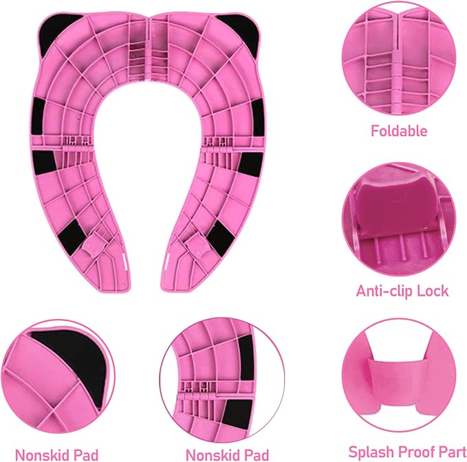 Folding Toilet Seat Toddler, Portable Toilet Training Seat for Kids, Foldable Travel Toddler Toilet Seat in ABS Material with 8 Anti Slip Silicon Pads and 1 Carry Bag, Pink Panda