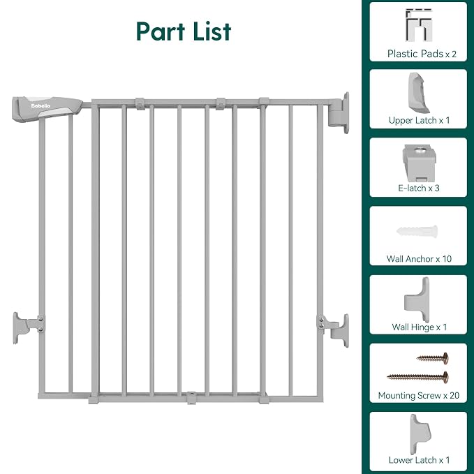 Babelio Baby Gate for Stairs & Doorways, 26-43" W 34" H Extra Tall| No Bottom Bar| Easy Installation| One-Handed Operation| Auto-Close| Hardware Mount (Drill Needed) Safety Dog/Pet Gate Indoor (Grey)