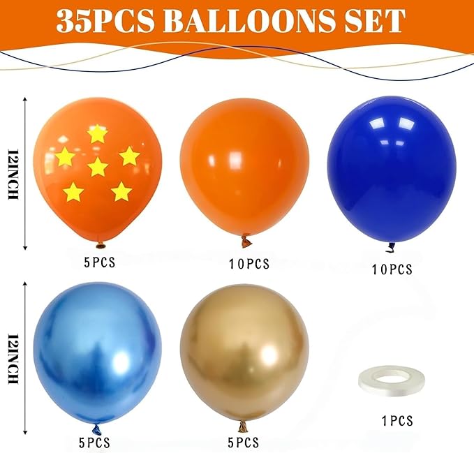 Orange Blue Balloons, 12 Inch Royal Blue and Matt Orange Metallic Gold Latex Balloons with Tangerine Star Printed Party Balloon for Kid Cartoon Theme Anime Birthday Outer Space Party Decoration