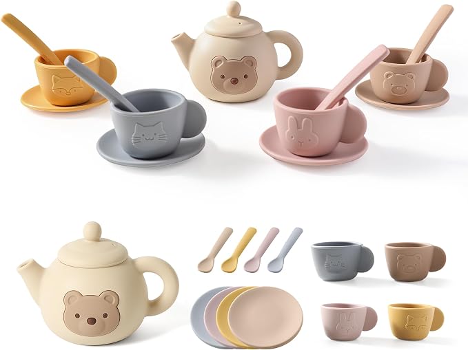 Tea Party Set for Little Girls 1-3 Kids Tea Set 14 Pcs with Silicone Teapot Cups Coasters Carrying Scoop, Kitchen Accessories Pretend Play for Girls Boys Age 3 4 5