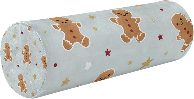 Green Christmas Gingerbread and Stars Neck Roll Pillow Bolster Round Health Memory Foam Long Cervical Cylinder Pillows with Removable Washable Cover for Body Bed Legs Back Yoga
