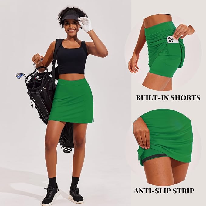 Ekouaer 16" Skorts for Women with Pockets Golf Pickleball Tennis Skirt | Silicone Grippers,2 Inner Pockets,Wide Waist,Side Slit Hem,Breathable,Soft,Lightweight
