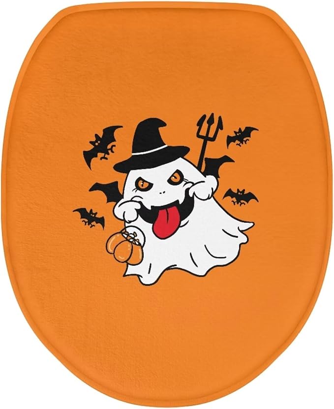 Halloween Ghost Toilet Seat Cover, Flannel Soft DustProof Toilet Lid Cover, Fits Most Most Round, Elongated and Oblong Toilet Lid Cover