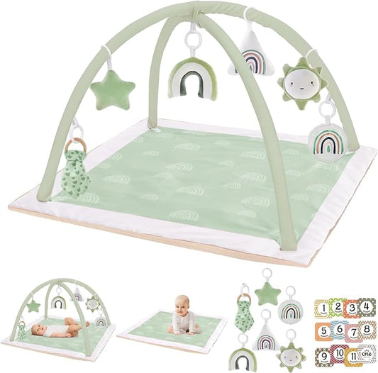 Mallify Washable Tummy Time Mat, Baby Play Gym with 6 Featured Toys, Baby Gym for Infant & Toddler, Larger Baby Play Mat, Deluxe Baby Play Mats for Floor, Sensory and Motor Skill Development, Green