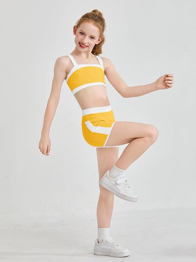 Haloumoning Girls 2 Piece Outfits Athletic Color Block Training Bra and High Waisted Shorts Clothing Sets 5-14Y