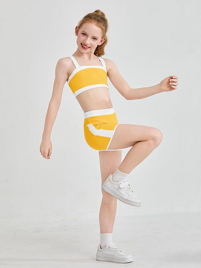 Haloumoning Girls 2 Piece Outfits Athletic Color Block Training Bra and High Waisted Shorts Clothing Sets 5-14Y