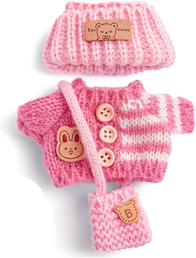 Knit Style 17cm Doll Clothes Accessories Set Include: Hat, Bag, Sweater- Cute Clothes for Dress up Your Dolls (Doll Not Included),Pink