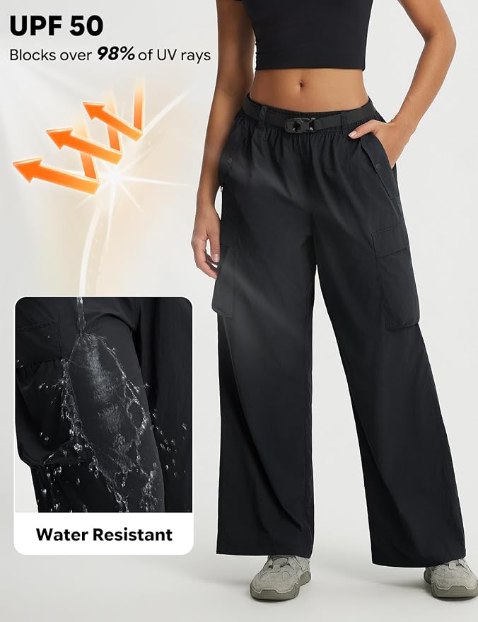 baleaf Women's Lightweight Hiking Pants Quick Dry Wide Leg Outdoor Pants for Women Travel Cargo Pants with Pockets