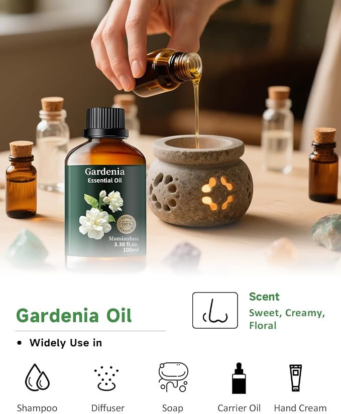 Gardenia Essential Oil, Sweet Floral Scent, Diffuser & DIY, 3.38 Fl Oz | Mumianhua Gardenia Oil, Steam-Distilled. Creamy Floral Aroma. For Diffuser, Perfume, Skin, Hair & Candle