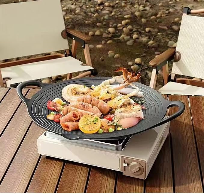 11.5 inch Korean BBQ Grill Pan, Cast Iron Griddle Pan for Indoor and Outdoor Cooking & Camping (11.5 inch)