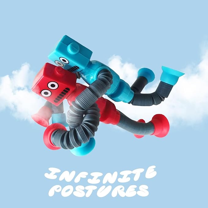 Bendable Robot Figures, Basket Stocking Stuffer Set of 4 Flexible Men, Telescopic Suction Cup Robot Toy, Telescopic Pop Tubes, Fidget Tubes Sensory Toys for Girls Boys