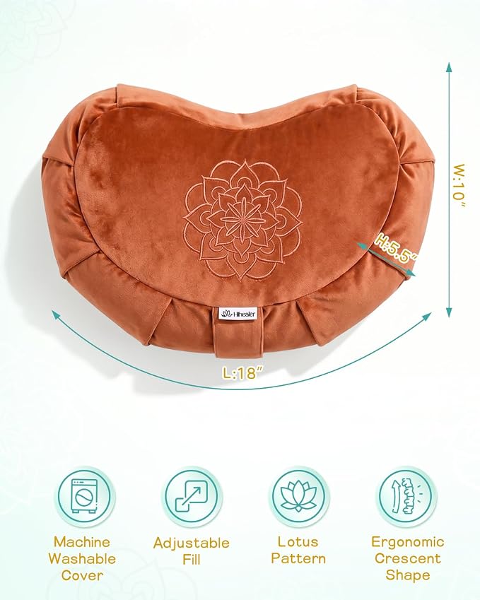 Hihealer Premium Crescent Meditation Cushion, Ergonomic Buckwheat Hull Floor Pillow for Adults, Comfortable Yoga Bolster for Meditation & Floor Sitting (Orange)