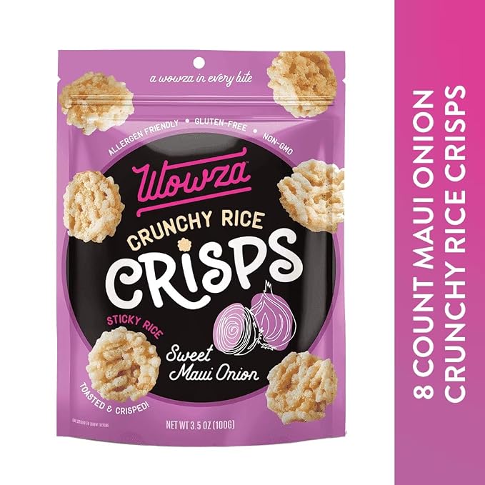 Wowza Sweet Maui Onion Crunchy Rice Crisps | Gluten Free, Non-GMO, 8 Pack | Sweet & savory flavor, Healthy chip alternative, Kid-friendly, 3.5 oz bags, No artificial flavors, Allergen-friendly, Umami