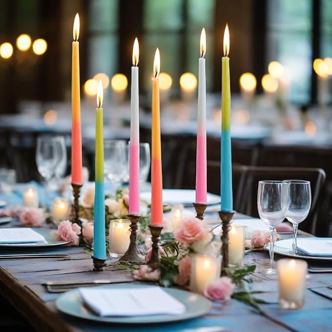 Pastel Taper Candles Set of 6 Rose Scented Candle Sticks Hand Poured Smokeless Two Tone Double Color Design 10 inch Long Candle for Wedding Dining Housewarming Gift Holiday Home Decor