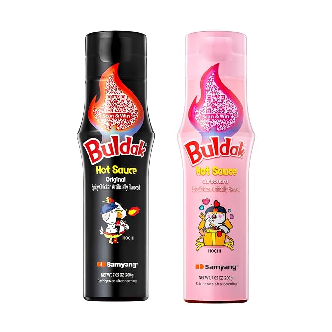 Buldak Original & Carbonara Korean Spicy Hot Chicken Sauce, 5.57 oz 2-Pack | Creamy carbonara heat in a bottle; Drizzle, dip, or marinate any dish; Easy squeeze condiment; for everyday cooking