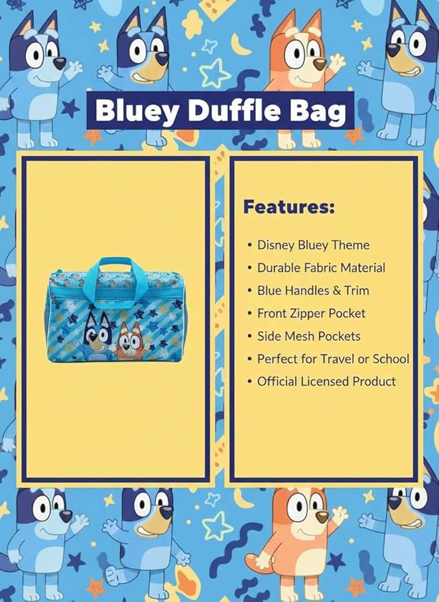 Bluey Kids’ Duffle Bag – Bluey & Bingo Travel Gym Bag with Adjustable Shoulder Strap, Mesh Side Pockets & Zipper Pocket