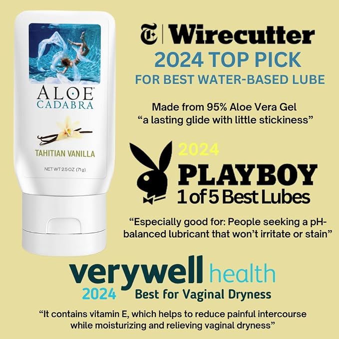 Aloe Cadabra Flavored Personal Lubricant & Vaginal Moisturizer, NSF Certified Organic Edible Lube for Men, Women & Couples, Non-Staining, pH Balanced, Toy Compatible (Tahitian Vanilla, 2.5oz, 2 Pack)