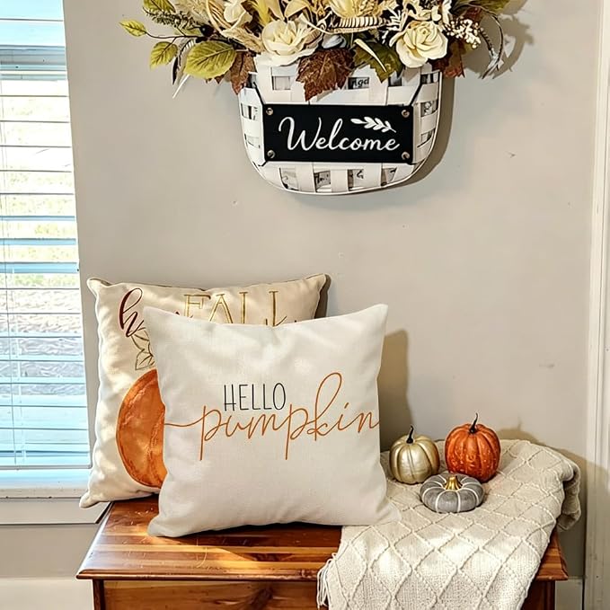 RABUSOFA Fall Pillow Covers 18x18 Inch Fall Decor for Home | Hello Pumpkin Lettering,Indoor Outdoor Use,Harvest Autumn Thanksgiving Decorations for Couch Sofa