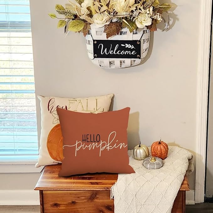 RABUSOFA Fall Pillow Covers 16x16 Inch,Rust Autumn Hello Pumpkin Pillows Decorative Throw Pillows,Outdoor Thanksgiving Cushion Cover Farmhosue Fall Decor for Bedroom Couch Sofa Rust