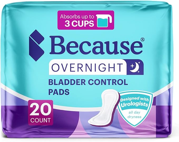 Because Overnight Incontinence Pads for Women – Moderate-to-Heavy Absorbency for Nighttime Use, Long-Length Protection, 20 Count, New Version