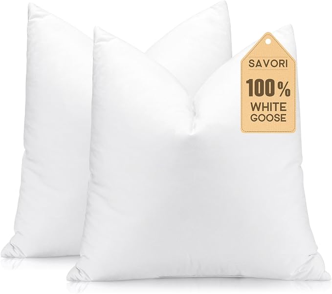 SAVORI Set of 2 Down and Feather Throw Pillow Inserts 14x14 Soft Fluffy Pillow Inserts with 100% Down-Proof Cotton Cover, Decorative Square Cushion Inner for Sofa Couch Bed-White
