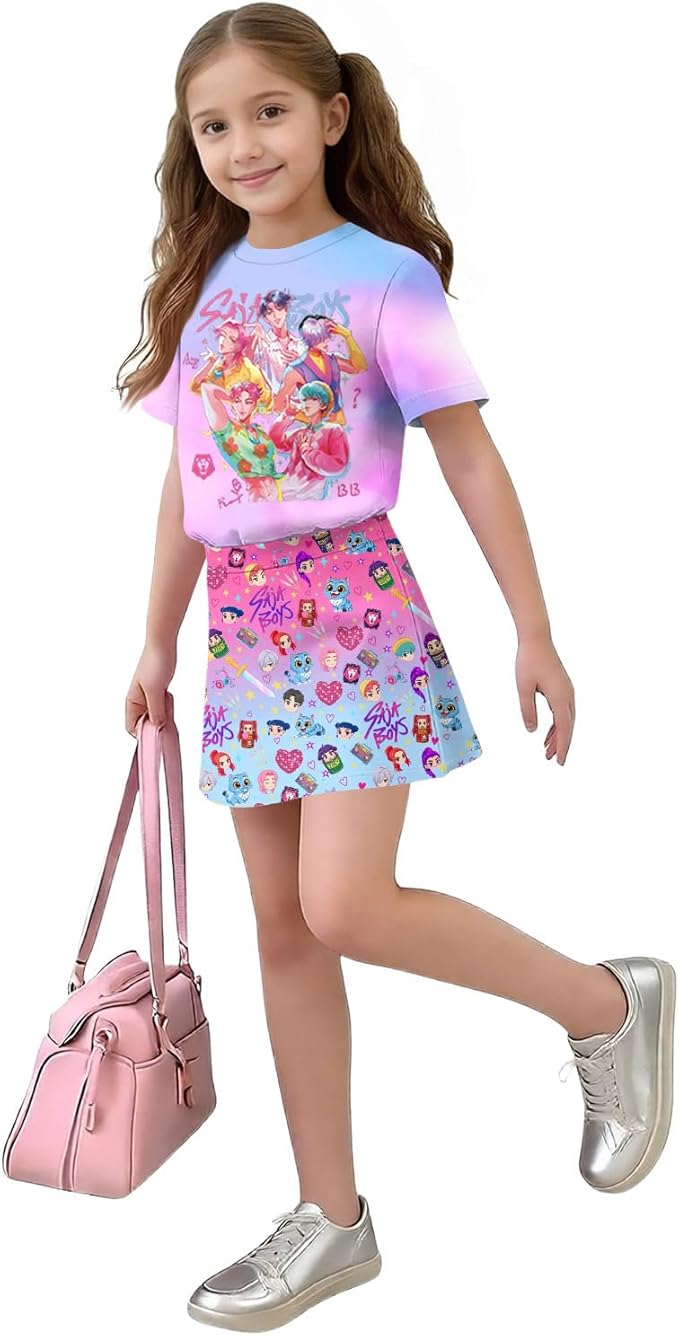 HTHLVMD K Pop Short Sleeve T-Shirt and Skirts Outfits Set for Girls Hunters Rumi Mira Zoey Graphic Tees De-Mon Costume
