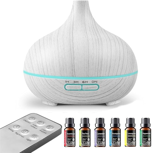 550ml Large Capacity Essential Oil Diffuser with 6 Aromatherapy Oils,Humidifier for Home Decor,Diffuser with Remote Control,7 Color LED Light for Yoga Gym Office Decoration (White Wood Grain)