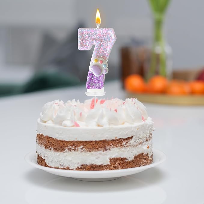 Pink Cat and Dog Paw Birthday Number Candles, Cupcake Decorations, Dog Theme Candles, Suitable for Party Celebrations, Birthday Decoration Supplies (Number 7)