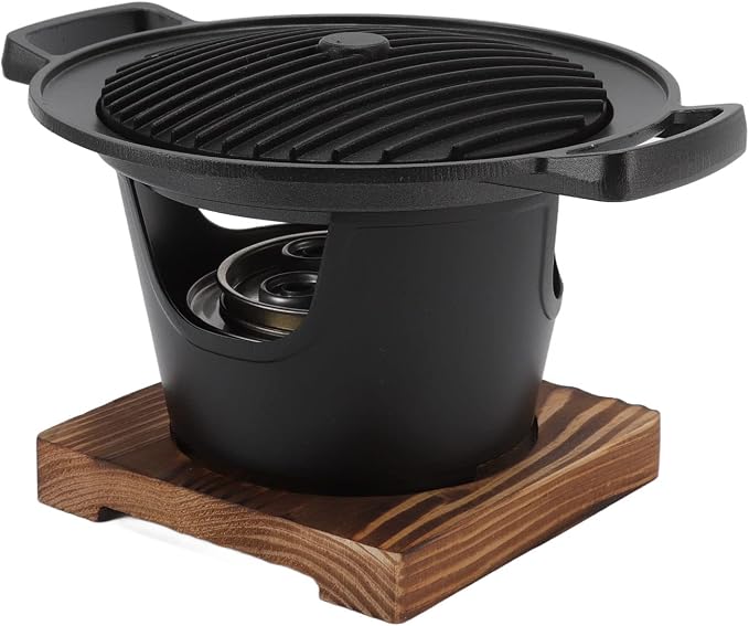 Portable Wooden Charcoal Grill,Japanese Hibachi Tabletop BBQ for Indoor/Outdoor Use, Camping, Patio, Backyard & Picnic | Durable Cast Iron & Aluminum Alloy Construction