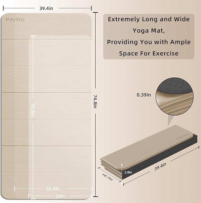 PAIDU Foldable Yoga Mat thick- 2/5" (10MM) TPE Non-Slip Design, Quick Fold，Easy Storage, 75x40 Extra Long/Wide for Indoor Yoga, Pilates and Outdoor Travel Workouts