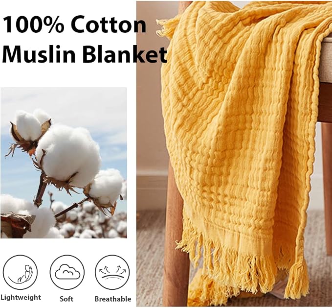 Simple&Opulence Cotton Muslin Throw Blanket for Bed, Couch, Knit Woven Gauze Blanket with Tassels, Soft Lightweight Cozy Pre-Washed Breathable Farmhouse Decoration for All-Season (Yellow)