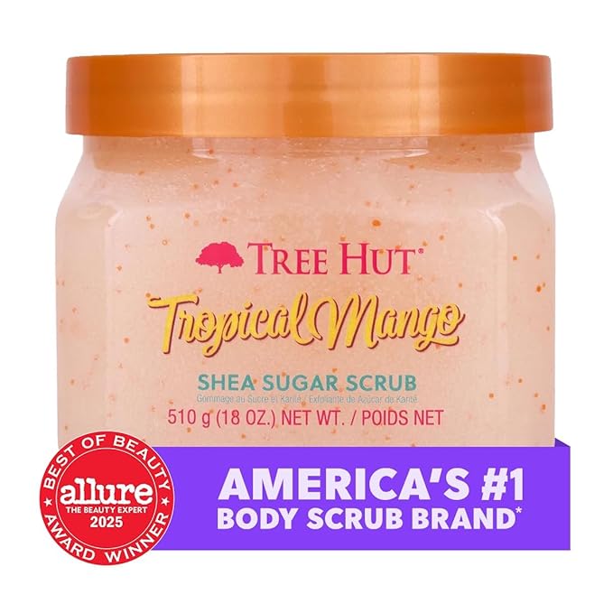 Tree Hut Tropical Mango Shea Sugar Scrub, Mothers Day Gifts, Exfoliating, Hydrating & Moisturizing Body Scrub with Shea Butter & Nourishing Essential Oils, Smooth & Soften Skin, 18 oz