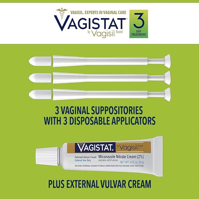 Vagisil Vagistat 3 Day Yeast Infection Treatment for Women, Relieves External Itching and Irritation - 2% External Miconazole Nitrate Cream, 3 Disposable Suppositories & Applicators (Pack of 1)