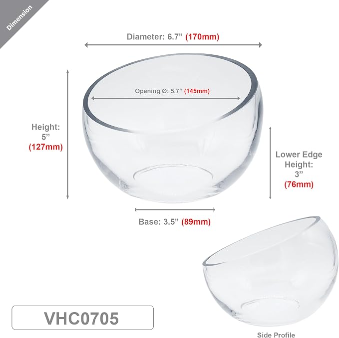 WGVI Slant Cut Bowl Glass Vase, Width 6.7", Height 5", Clear Terrarium, Candy Dish, Fruit Jar, Floral Container for Wedding Party Event, Home Office Decor, 12 Pieces