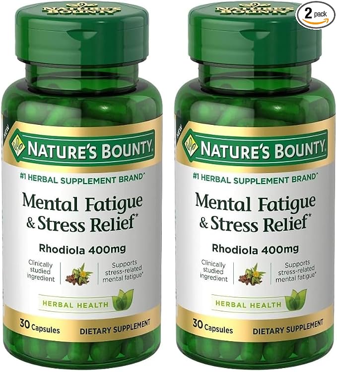 Nature's Bounty Mental Fatigue and Stress Relief, Rhodiola Supplement, 400 mg, Capsules, 30 Count (Pack of 2)