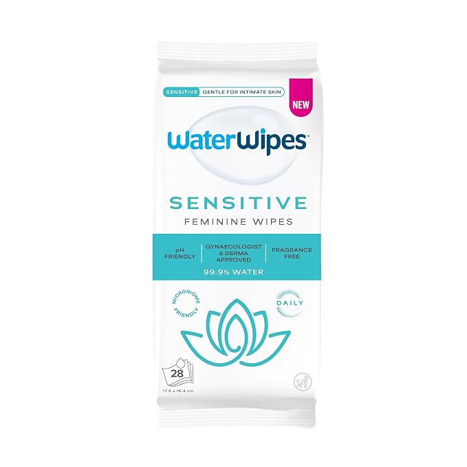 WaterWipes Sensitive Feminine Wipes, 99.9% Purified Water, pH Friendly for Daily Intimate Care, Gynecologist Approved, Fragrance Free, 28 Count
