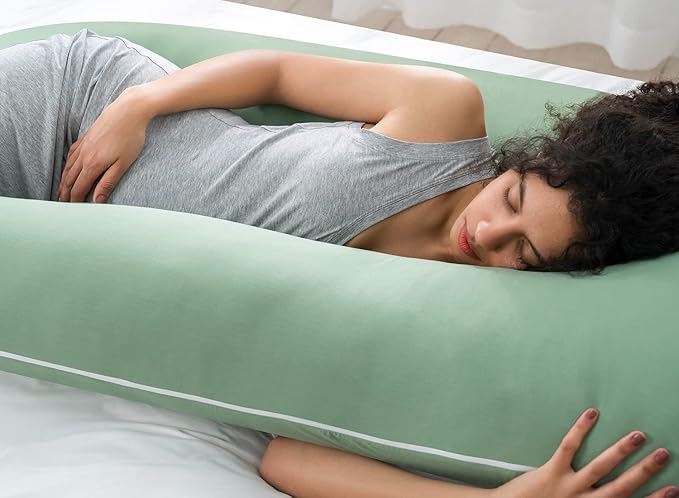QUEEN ROSE Cooling Pregnancy Pillows, U Shaped Full Body Maternity Pillow for Pregnant Support, Rayon Derived from Bamboo, Buttery Soft, Super Breathable for Hot Sleeper, Green