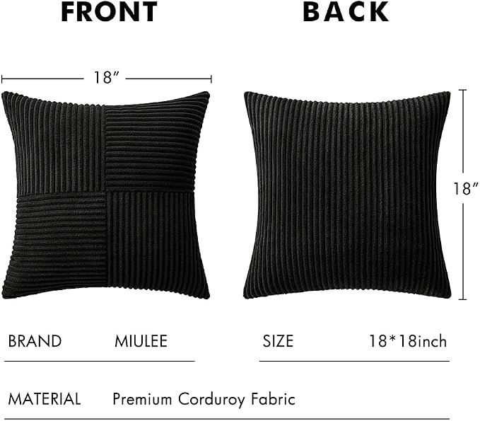 MIULEE Black Decorative Throw Pillow Covers for Couch 18x18 Inch | 2 Pack, Boho Farmhouse Pillow Covers, Soft Cross Corduroy Patchwork Textured Cushion Cases For Bed Sofa