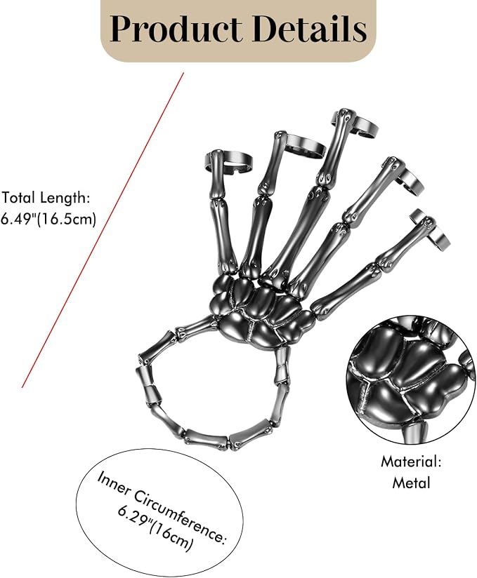 Cupimatch Women Halloween Skeleton Bracelet: Gothic Claw Hand Chain with Ring Punk Costume Jewelry