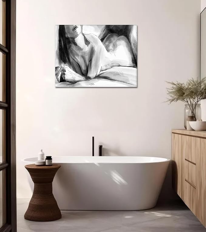 Yeesjoee Sexy Wall Art White and Black Couple Print Female Body Abstract Nude Woman Canvas Paint Pictures Home Decor Bedroom Apartment Living Room Hotel Modern Artwork Ready to Hang, 18x24 in Framed