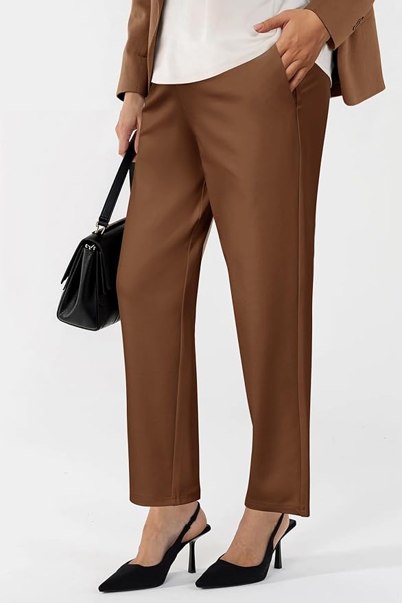 OUGES Womens Stretchy Maternity Over Belly Casual Work Straight Leg Pants Ankle Business Office Trousers with Pockets