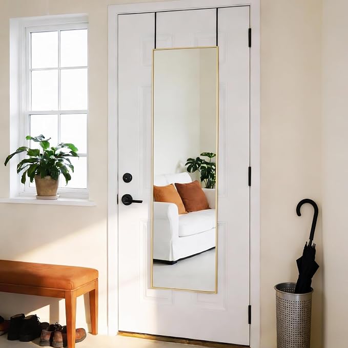DUMOS 47x14 Inch Full Length Mirror Over the Door, Wall Mounted Full Body Mirror, Door Hanging Metal Aluminum Alloy Frame Dressing Mirrors for Bedroom, Living Room, Entryway, Gold