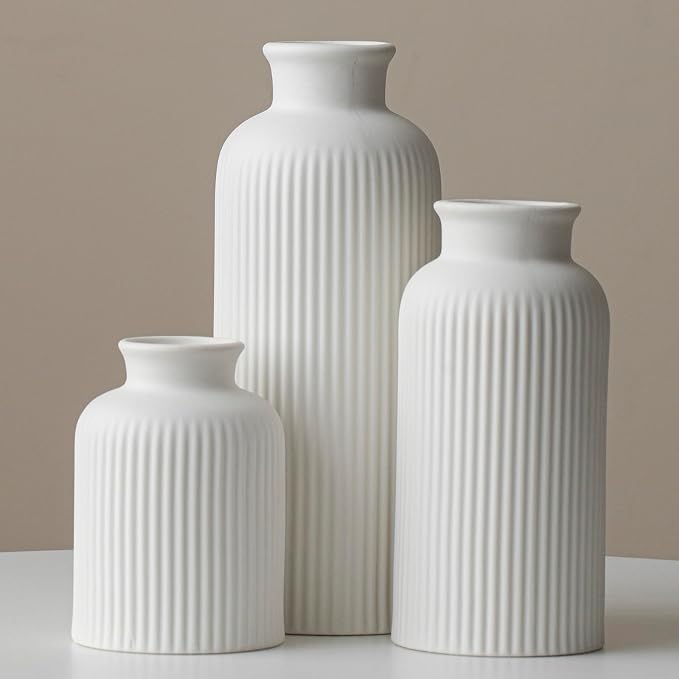 Large Modern Ceramic Vase Set, White Ribbed Matte Design, 3-Piece Decorative Vases for Home, Living Room, Office (XL White)